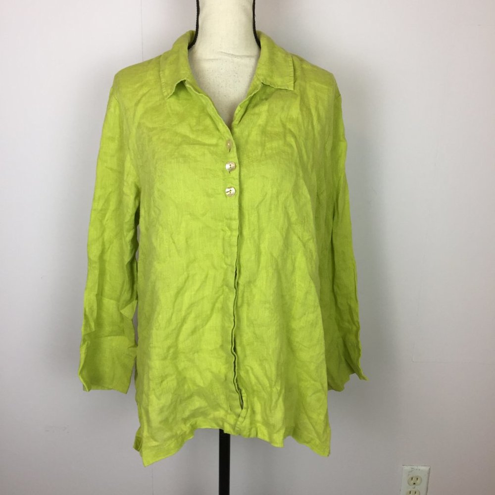 Vintage David Dart Linen Shirt Tunic Top Sz L Lime Green 3/4 Sleeve Collared